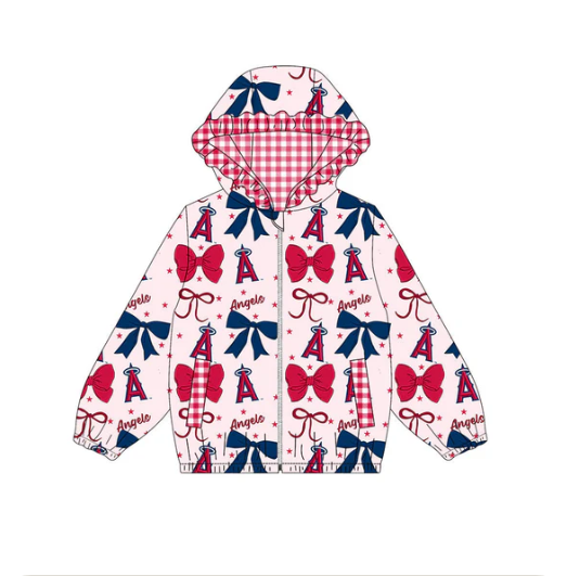10.10y (moq 8)Baby Girls Red Navy Bows Angels Pockets Zipper Team Ruffle Hoodies Jackets
