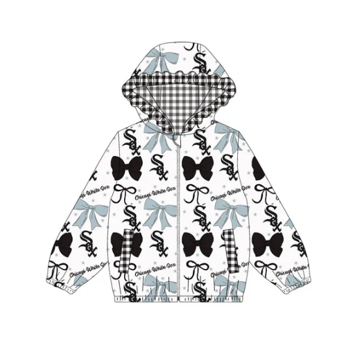 10.10y (moq 8)Baby Girls Grey Black Bows SOX Pockets Zipper Team Ruffle Hoodies Jackets