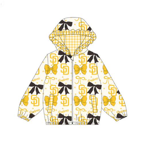 10.10y (moq 8)Baby Girls Yellow Black Bows SD Padres Pockets Zipper Team Ruffle Hoodies Jackets