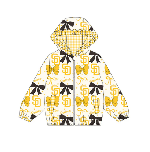 10.10y (moq 8)Baby Girls Yellow Black Bows SD Padres Pockets Zipper Team Ruffle Hoodies Jackets