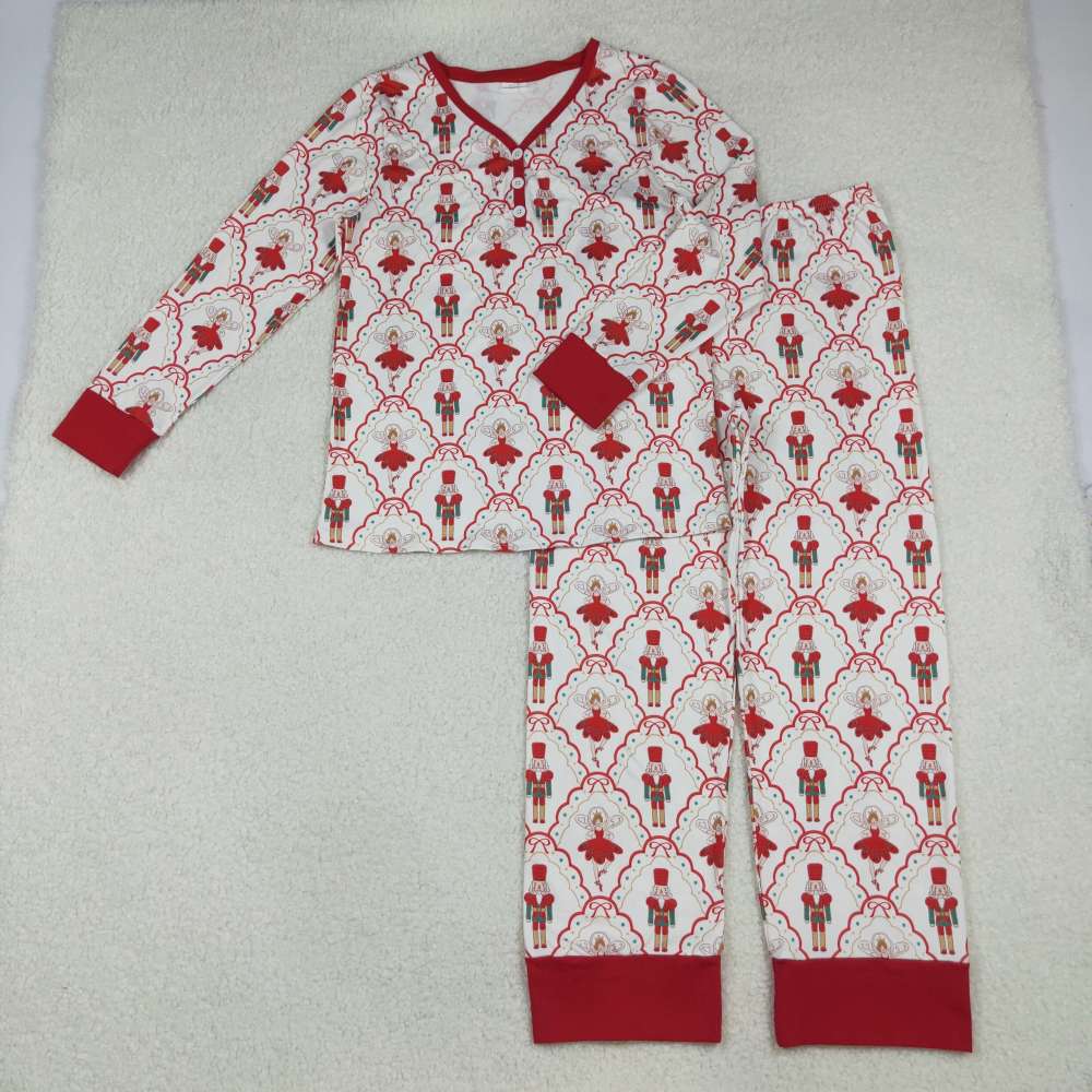GLP2816   10.11y Adult women's Nutcracker bow pattern plaid pink long-sleeved trousers pajama set