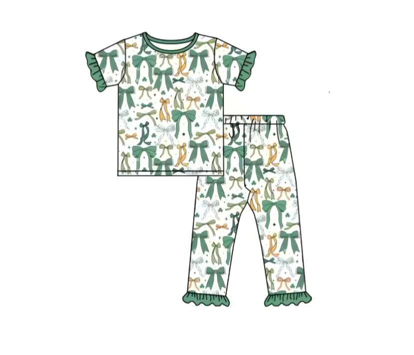GSPO2111 10.14y St Patrick green and yellow bow short-sleeved trousers pajama set