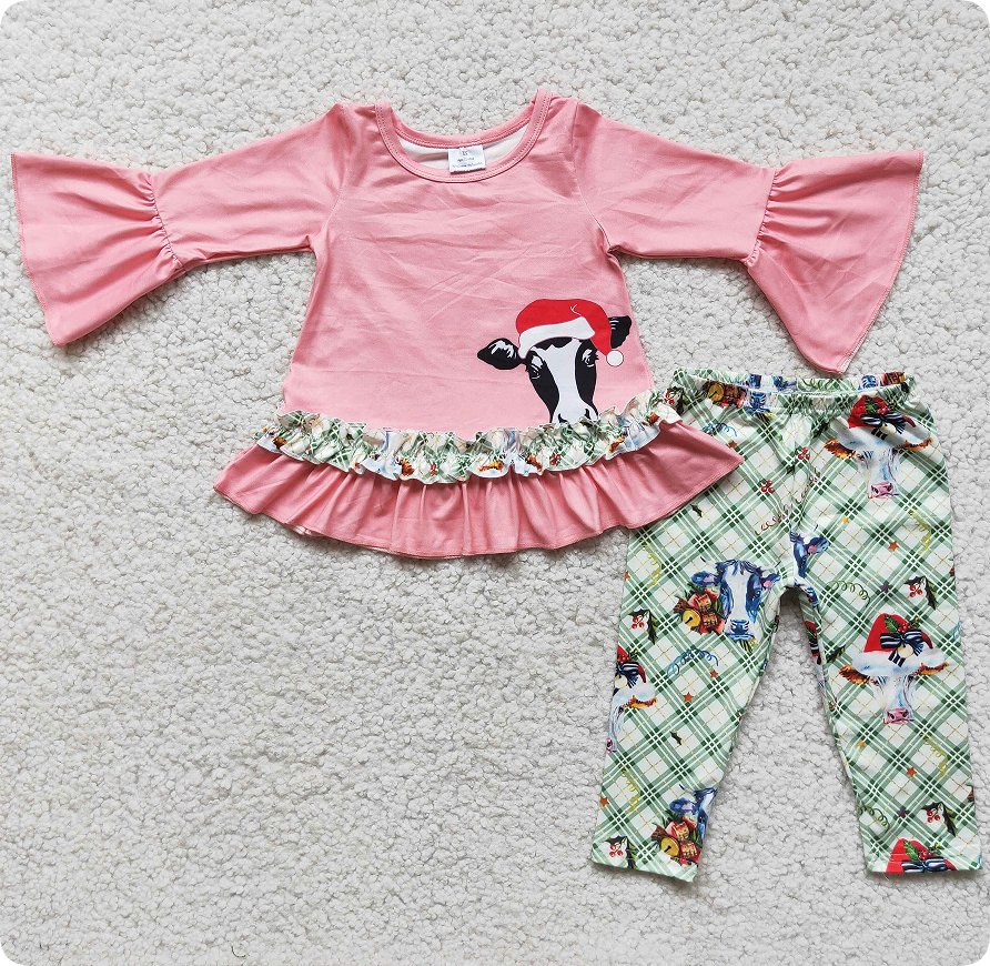 6 B6-36 10.20y Bull head pink top and green plaid trousers suit