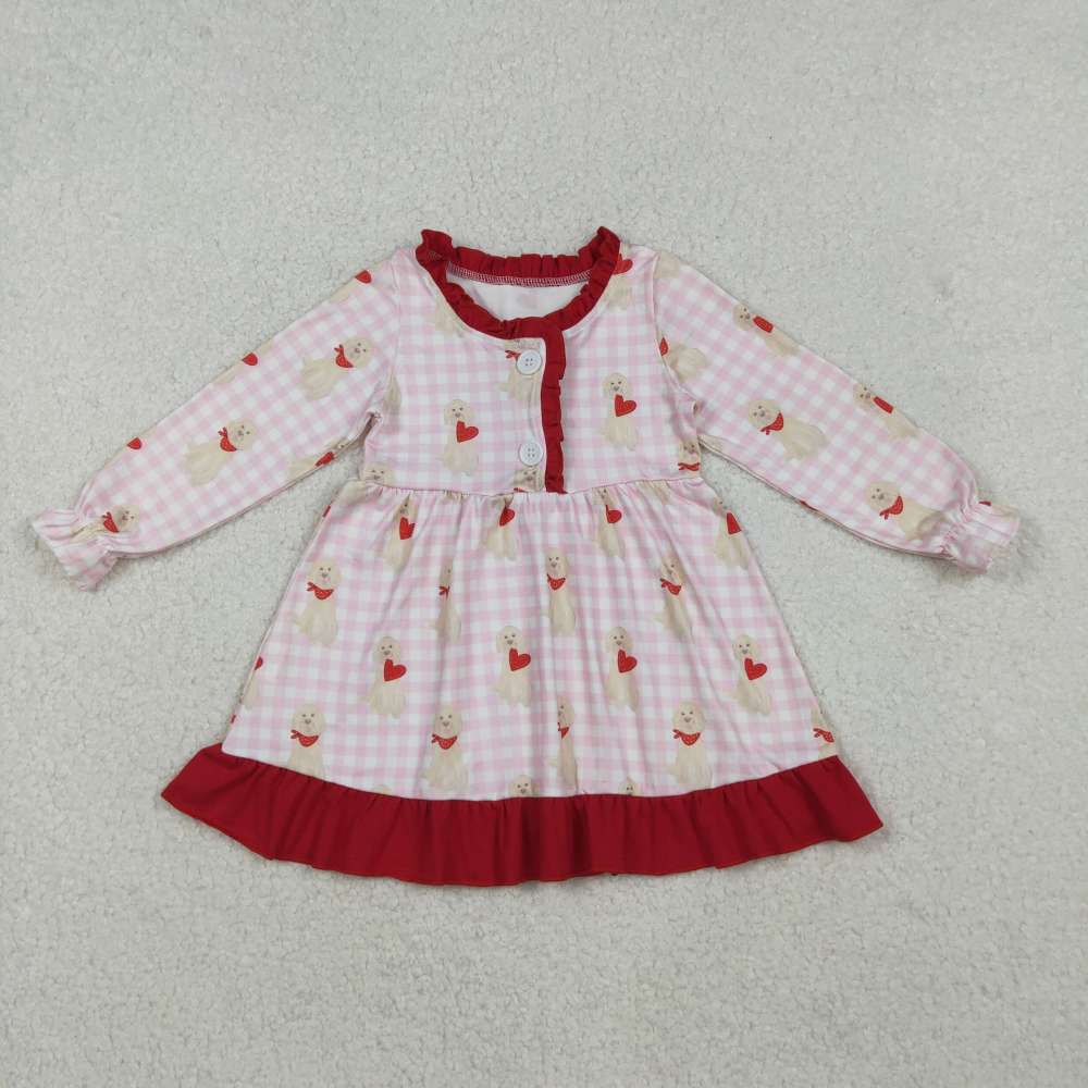 GLD1322  10.21y  Love Puppy Red Lace Button Pink Plaid Long Sleeve Dress