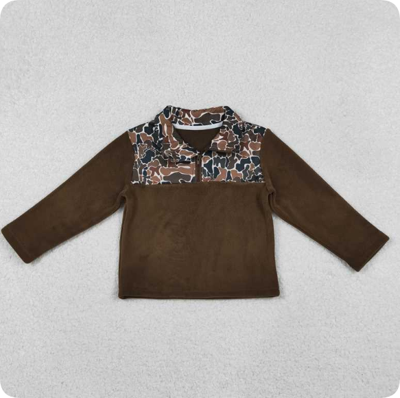 BT1309  10.23y  Camouflage Brown Plush Zipper Long Sleeve Top