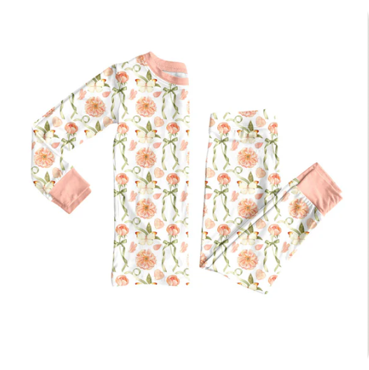 10.24y (moq 5) Baby Girls Pink Flowers Butterfly Top Pants Pajamas Sets