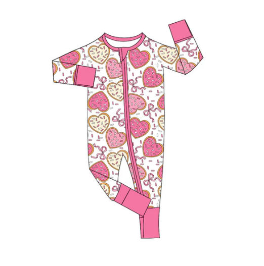 10.24y (moq 5)Baby Girls Sprinkles Hearts Bows Valentine Zipper Footie Rompers