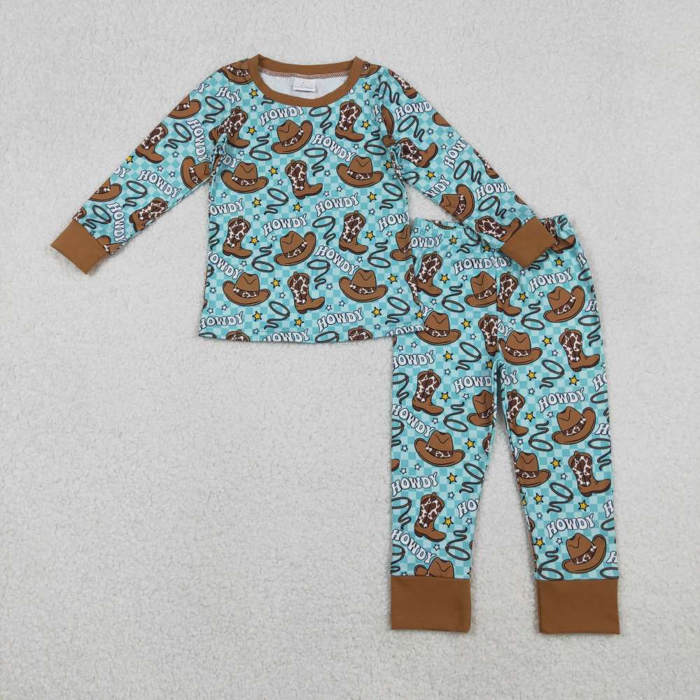 BLP1207  10.25y Howdy cowboy hat, boots, teal plaid, long-sleeved shirt, long pants, and pajama set