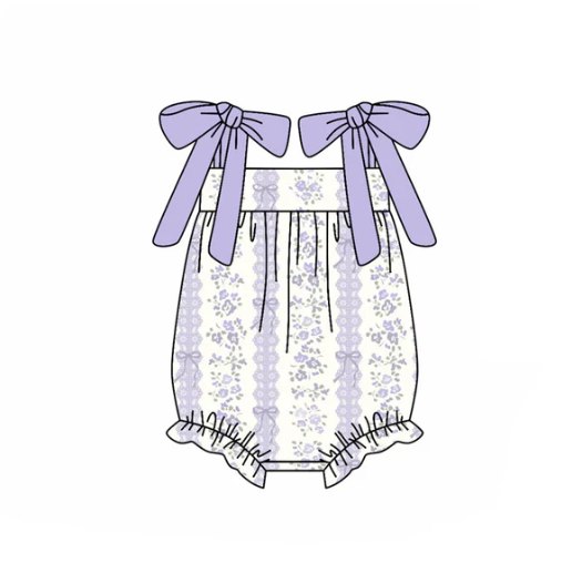 10.28y (moq 5)Baby Boys Lavender Strap Bows Flowers Stripe Ruffle Rompers