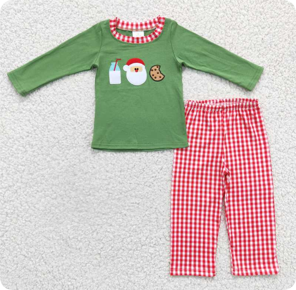 BLP0147 10.28y Boys' Milk Green Long Sleeve and Pants Suit with Embroidered Santa Claus Cookies