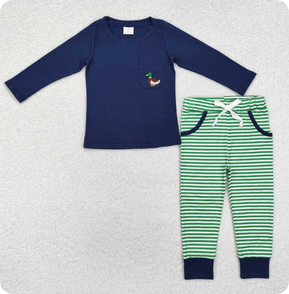 BLP0795 10.28y Embroidered duck pocket navy blue long-sleeved green striped trouser suit