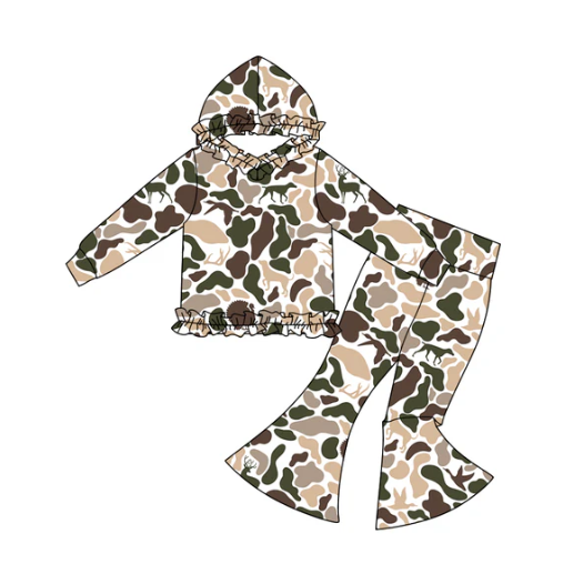 10.30 Baby Girls Ducks Deer Camo Ruffle Hoodies Bell Bottom Pants Southern Clothes Sets Preorder