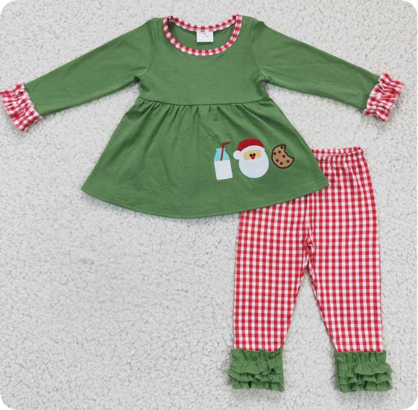 GLP0356 10.30y Girl's Embroidered Santa Claus Cookie Milk Green Long-Sleeved Pants Set