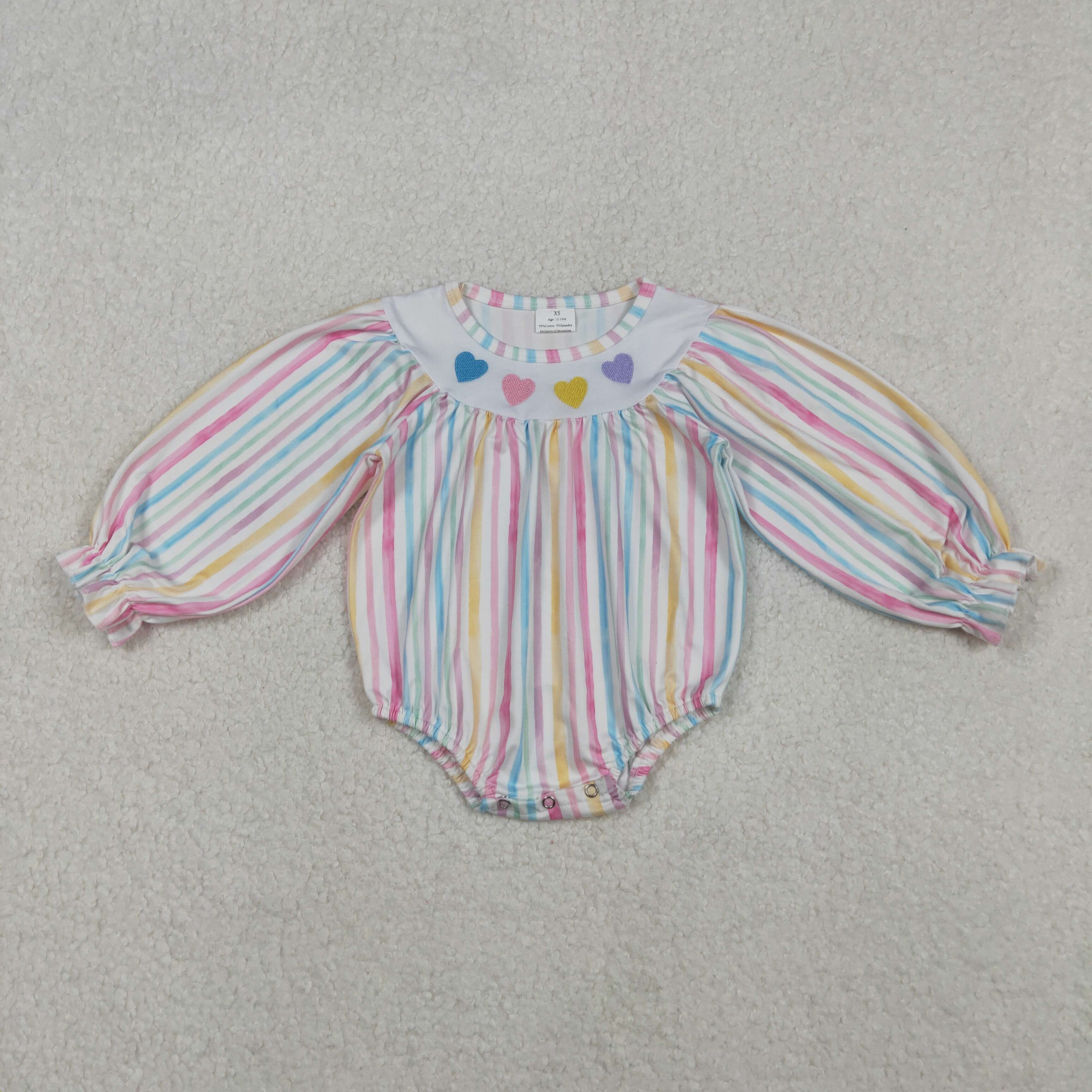 LR2695 11.7y  Embroidered Valentine's Day Heart-Shaped Striped Long-Sleeved romper