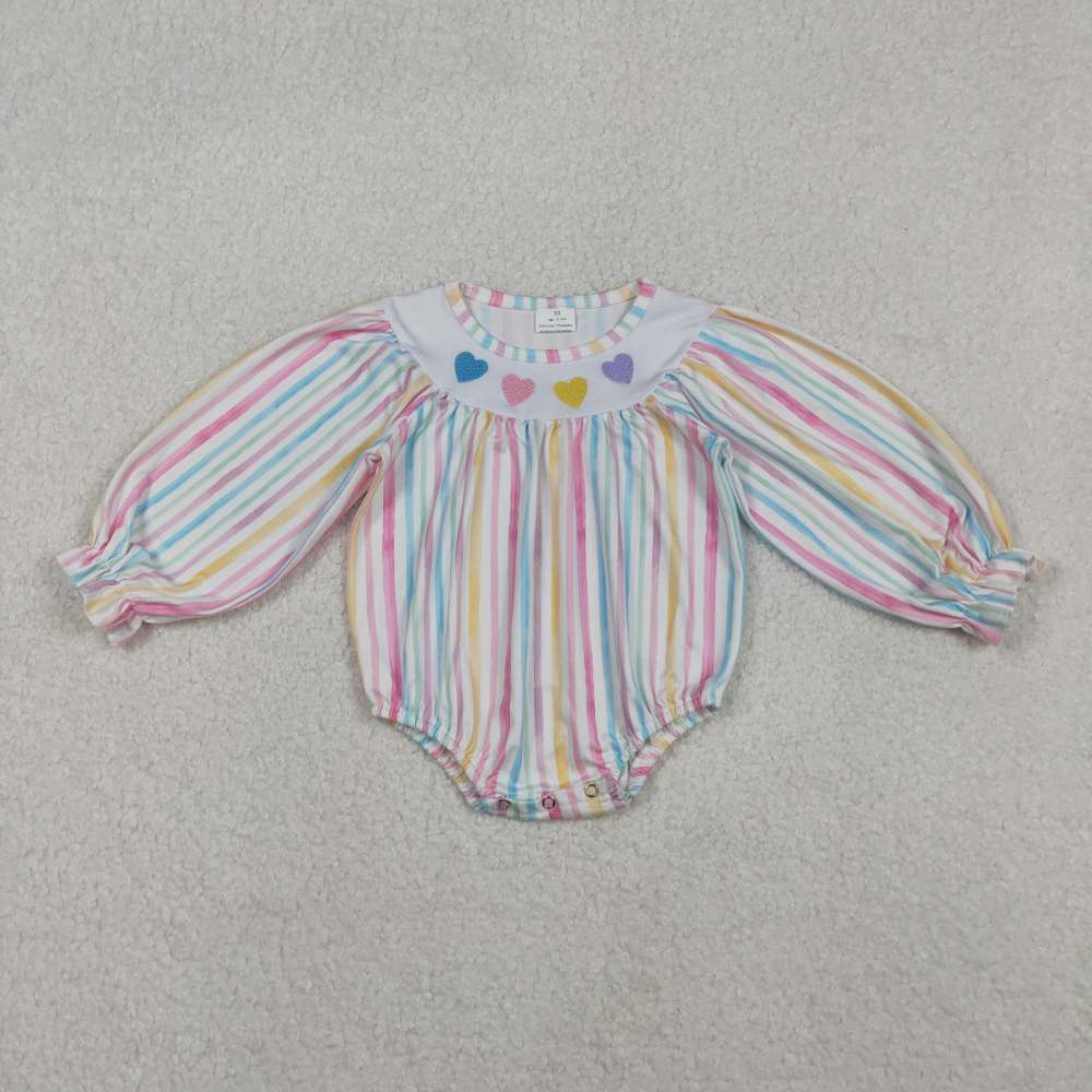LR2695 11.7y  Embroidered Valentine's Day Heart-Shaped Striped Long-Sleeved romper