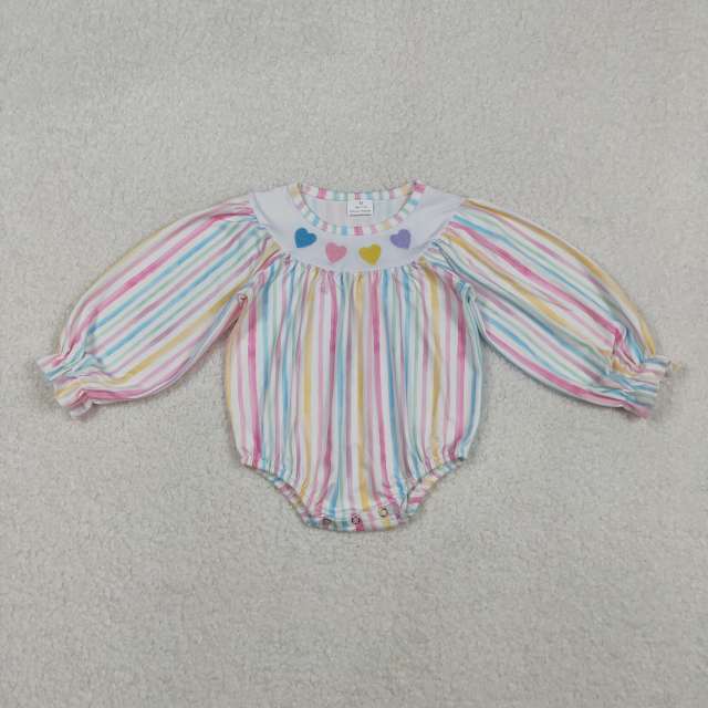 LR2695 11.7y  Embroidered Valentine's Day Heart-Shaped Striped Long-Sleeved romper