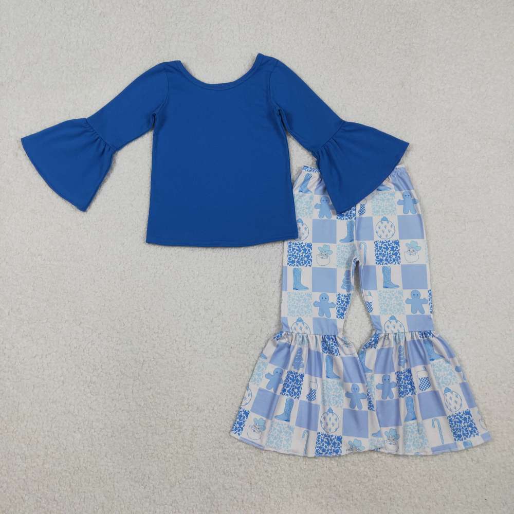 GLP3037 11.7y Solid blue long-sleeved gingerbread man pattern trousers set