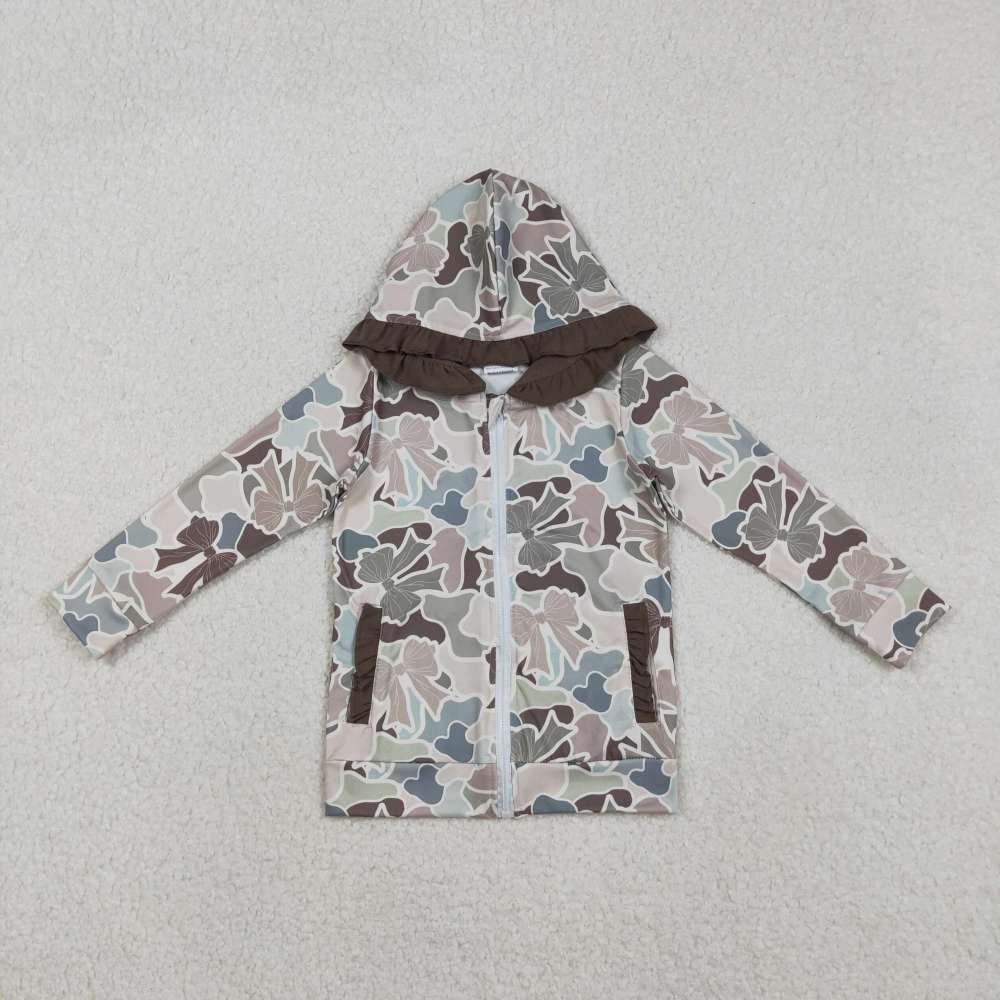 GT1263 11.12y Brown lace camouflage zip-up hooded long-sleeved top with bow top