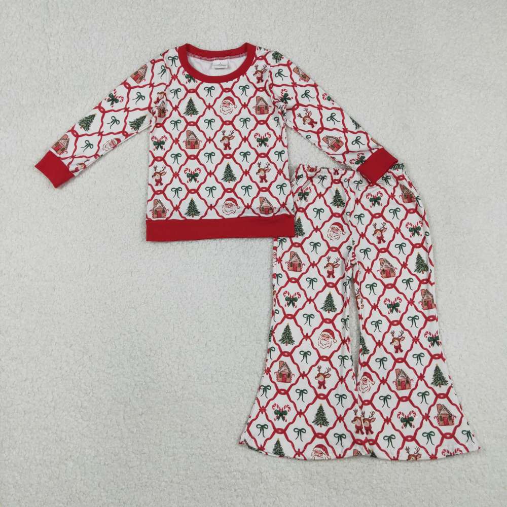 GLP2878   11.18y Santa Claus Christmas Tree Candy Cane Sugar Bear Bow White Long-Sleeved Trousers Set