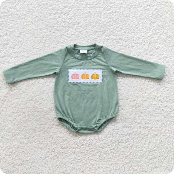 LR0451 11.18y  Embroidered three pumpkin green long-sleeved romper