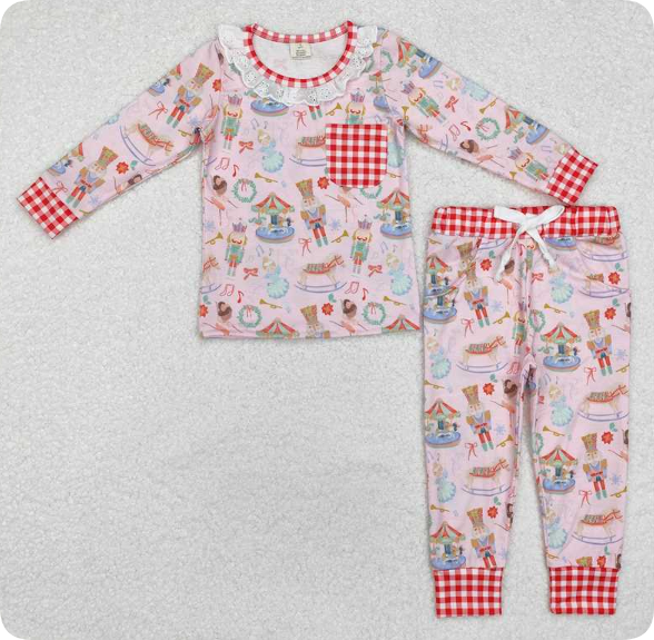 GLP1271   11.18y bamboo Christmas Nutcracker Check Pocket Pink Long-Sleeved Pants Pajama Set
