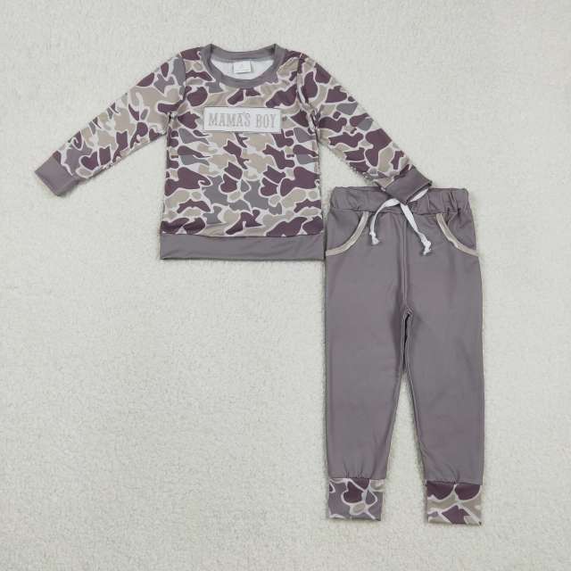 BLP1333 11.20y Embroidered Mama's Boy Camouflage Long-Sleeve Pants Set