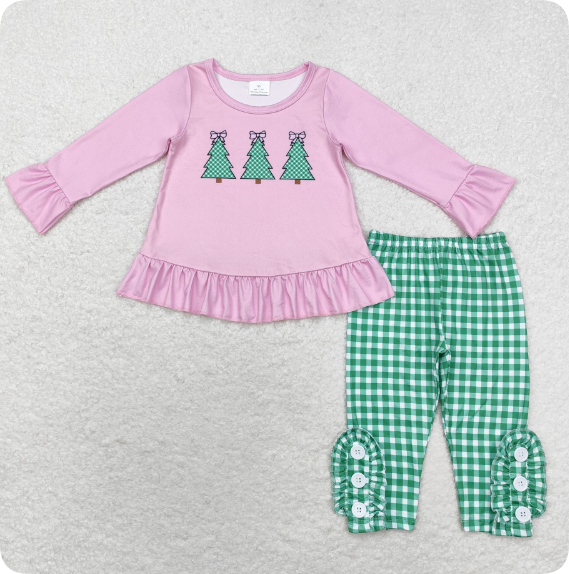 GLP1505 11.22y Pink long-sleeved shirt with bow and green plaid pants suit