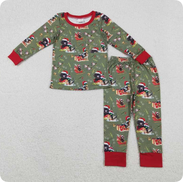 BLP1213 11.22y Christmas Duck and Puppy Green Long-Sleeved Pants Pajama Set