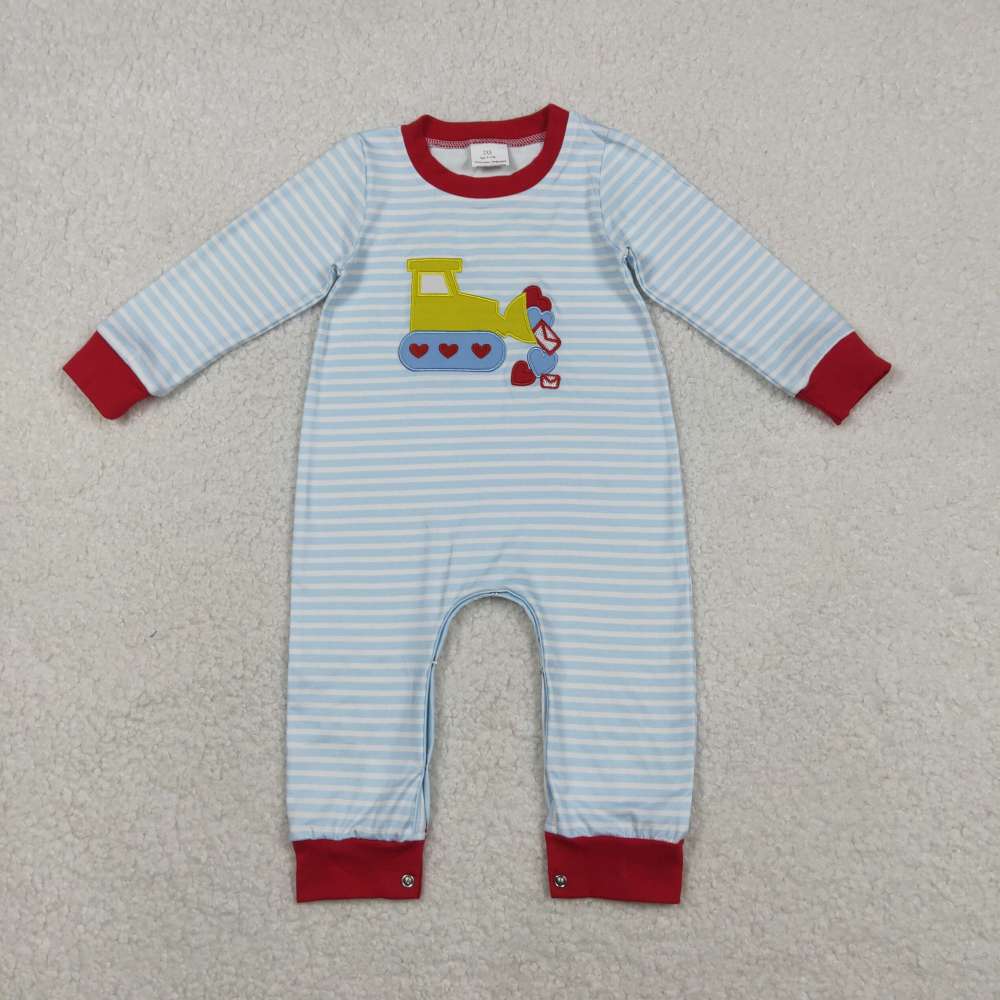 LR2708 11.24y Embroidered Valentine's Day Heart-Shaped Envelope Bulldozer Blue Striped Long-Sleeved Jumpsuit