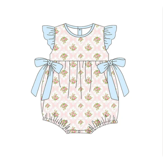 11.25y  SR3676Baby Girls Flutter Sleeve Bows Flowers Checked Ruffle Rompers Preorder