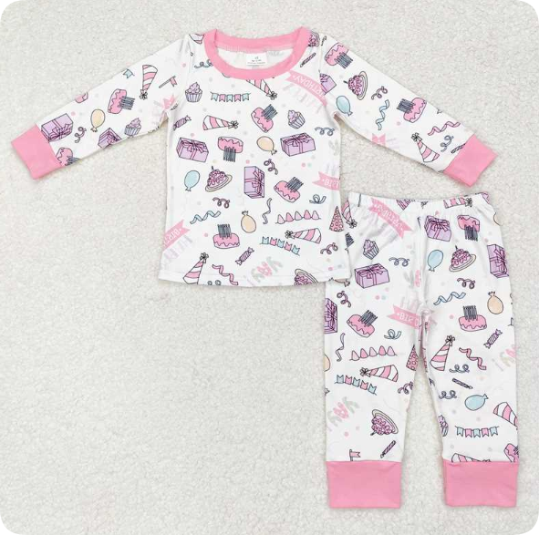 GLP1190 11.25Y Happy birthday cake pink and white long-sleeved and long-legged pajama set
