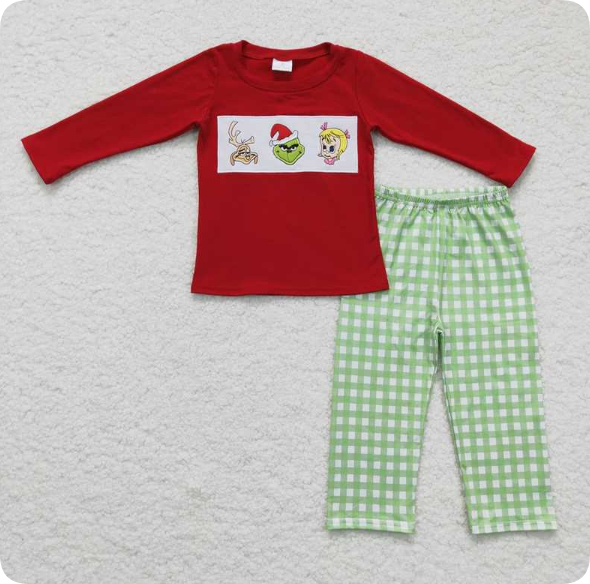 BLP0006 X12.1 4  Boy's Embroidered Red Long-Sleeved Plaid Trousers Suit