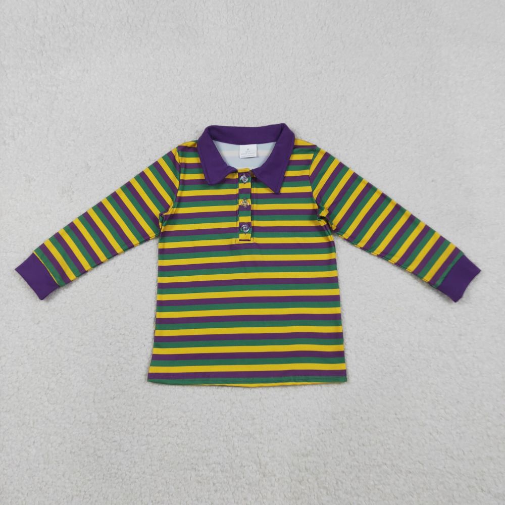 BT1358 12.2y Carnival yellow, green and purple striped button long-sleeved top