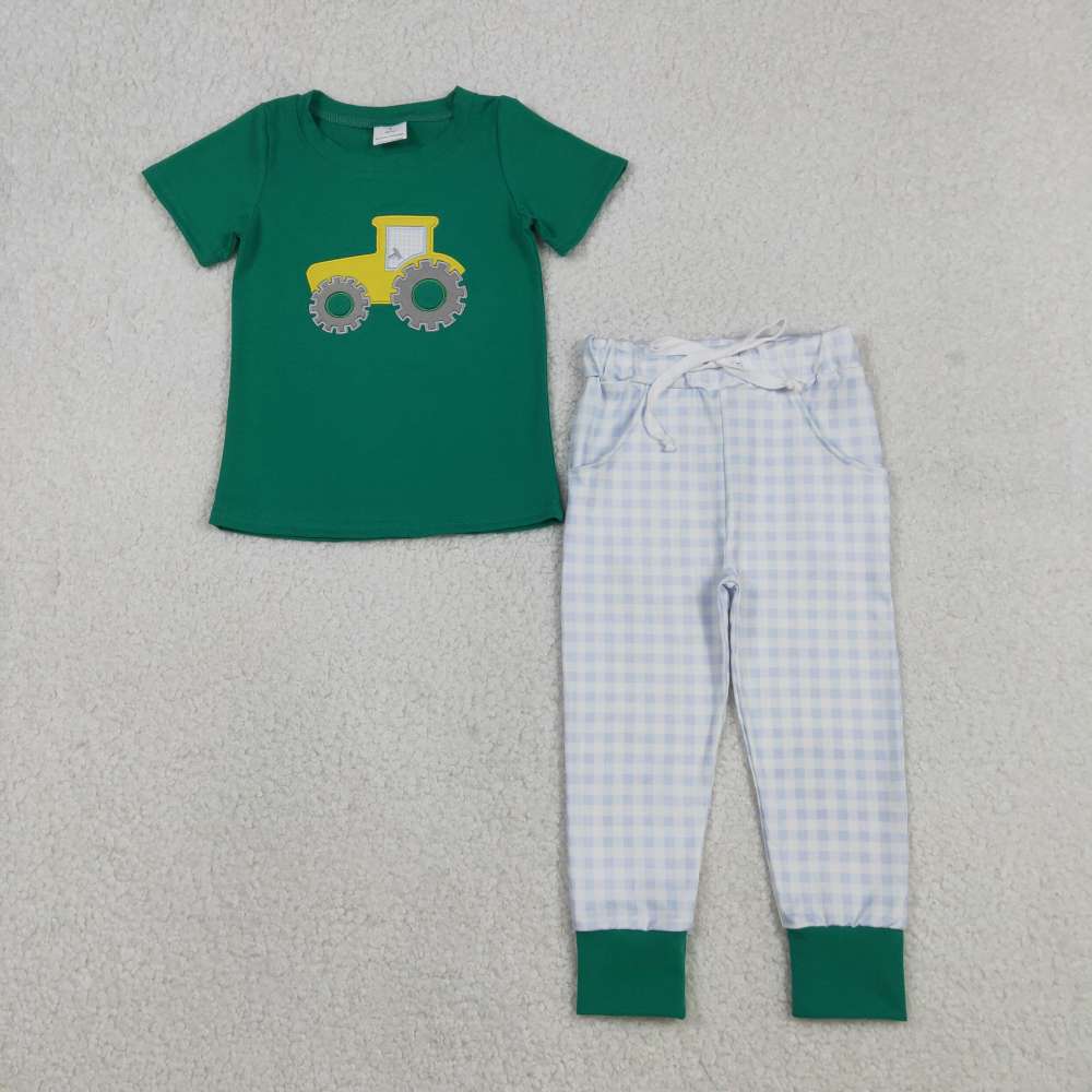 BSPO0615 12.2y Embroidered Tractor Green Short-Sleeve Blue Plaid Trousers Suit