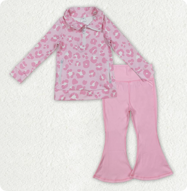 GLP2942 12.4y  Leopard print pink yoga zip-up long-sleeved set
