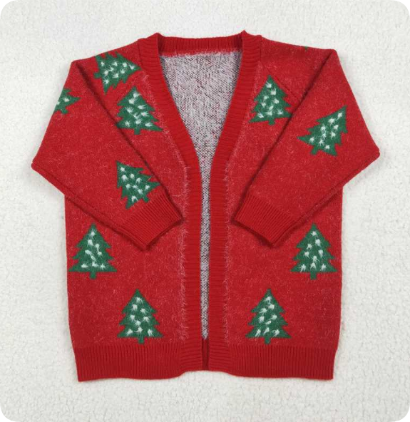 GT1114   12.3y White polka dot Christmas tree, red long-sleeved cardigan sweater