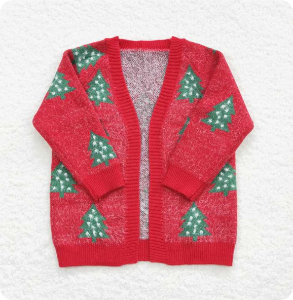 GT0356  12.3y White polka dot Christmas tree, red long-sleeved cardigan sweater