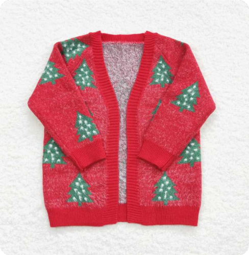 GT0356  12.3y White polka dot Christmas tree, red long-sleeved cardigan sweater