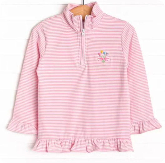 12.4y Baby Girls Long Ruffle Sleeve Pink Stripe Flowers Zipper Hunting Pullovers Top Preorder