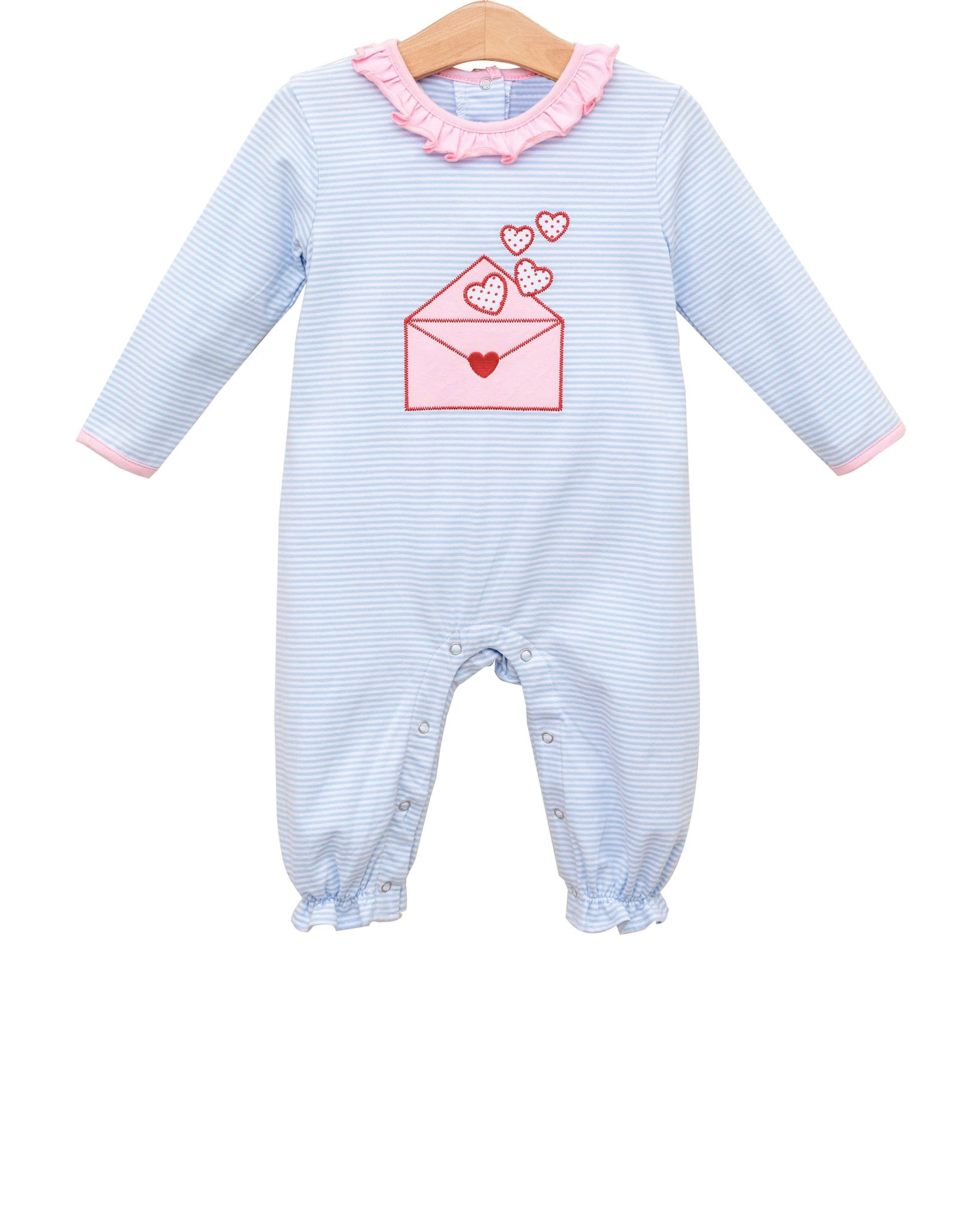 12.5y Baby Girls Long Sleeve Blue Stripe Heart Letters Valentines Collar Footie Rompers Preorder