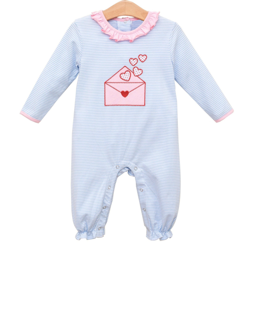 12.5y Baby Girls Long Sleeve Blue Stripe Heart Letters Valentines Collar Footie Rompers Preorder