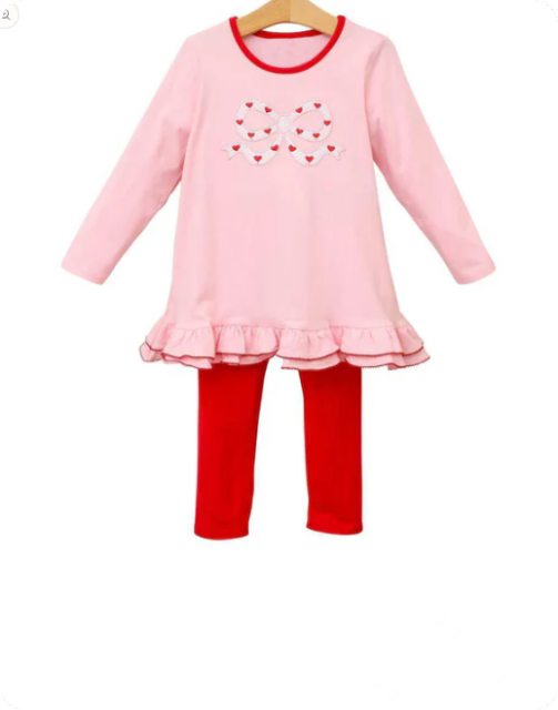 12.5y Baby Girls Pink Heart Bows Ruffle Tunic Leggings Valentines Clothes Sets Preorder