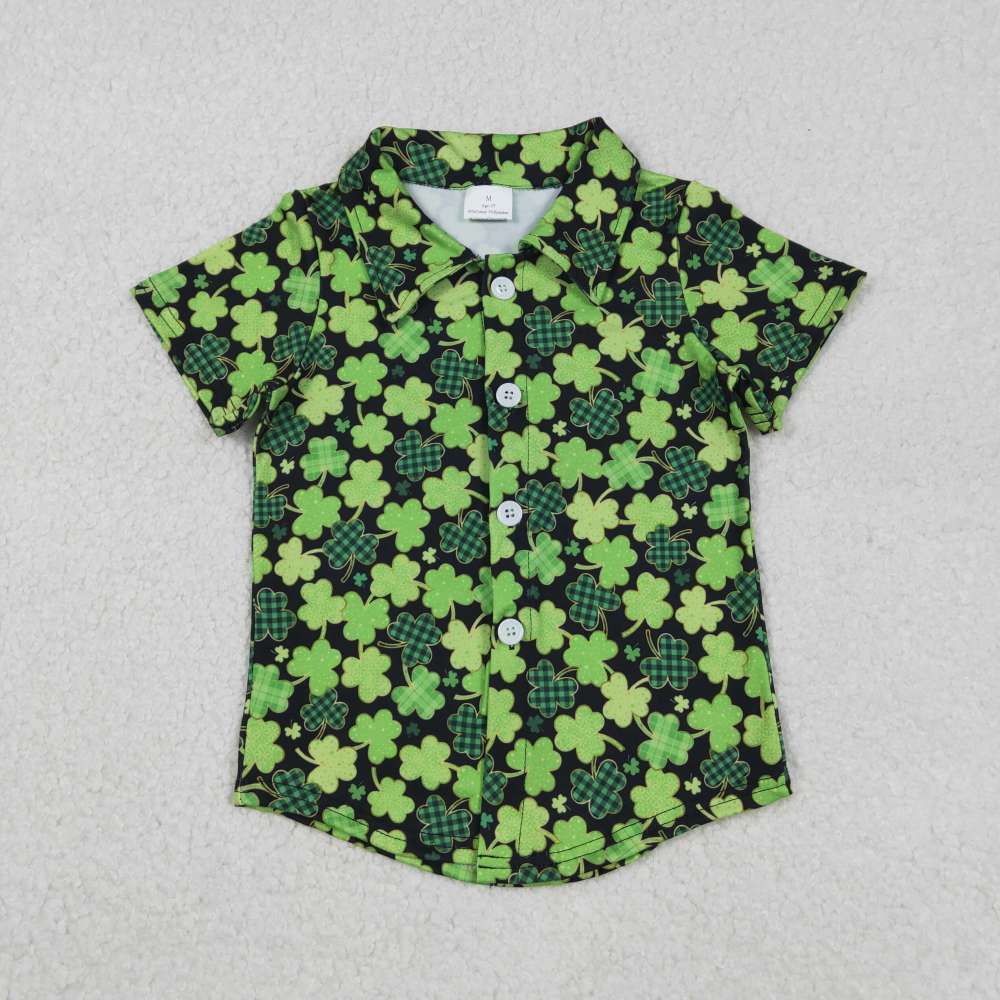 BT1455  12.8y Black button-down top with plaid four-leaf clover pattern