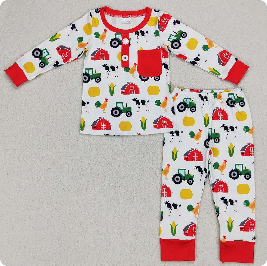 BLP0340  12.9y Farm Animals, Red House, Tractor, Corn, Red and White Long-Sleeved Trousers Suit