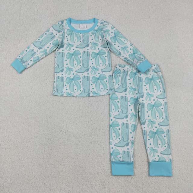 GLP2732 X12.10 Green boots with bow pattern, white long-sleeved trousers pajama set