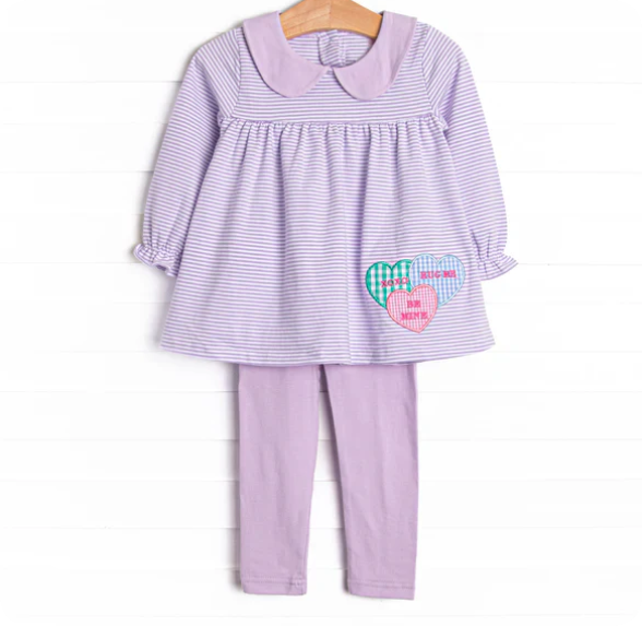 X12.12 Baby Girls Purple Stripe Hearts Collar Tunic Leggings Valentines Clothes Set Preorder