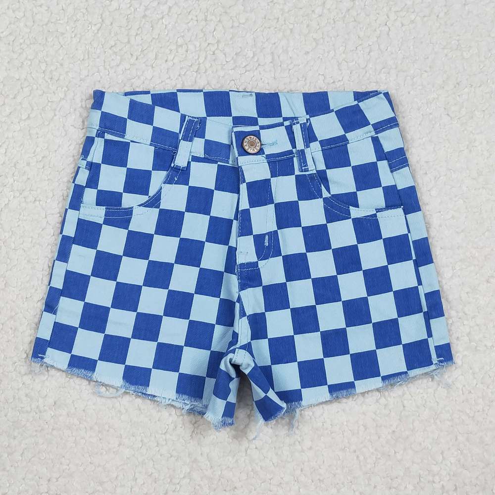 SS0763 Blue plaid girl jeans shorts
