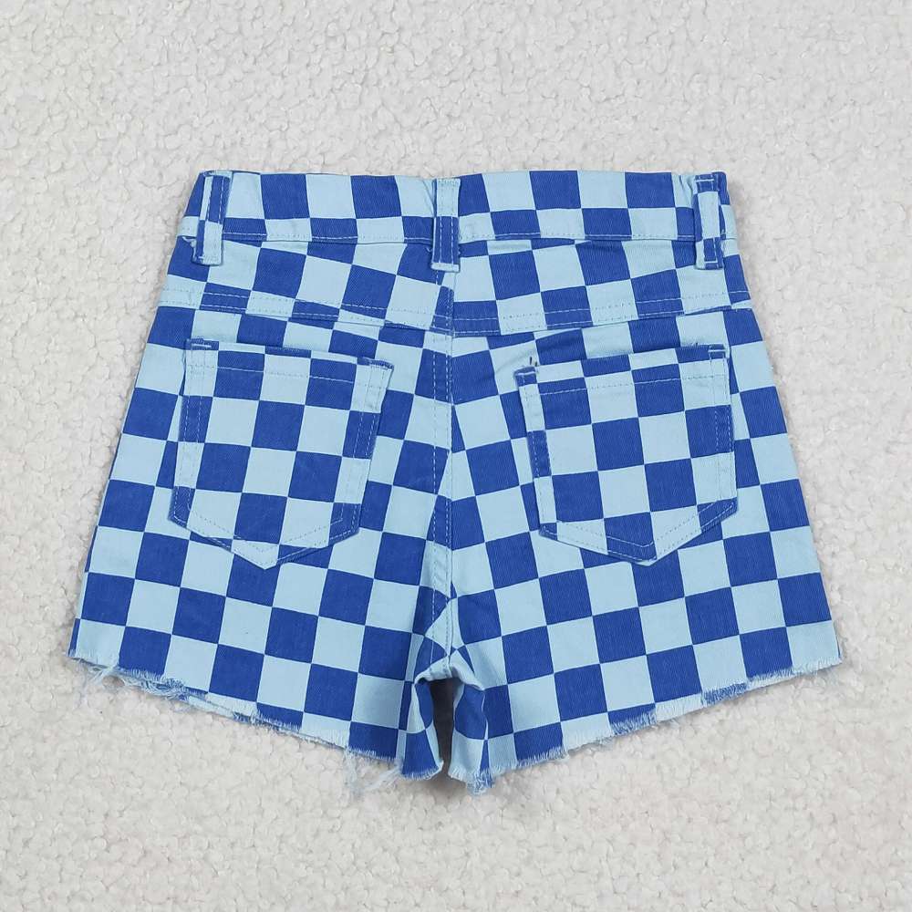 SS0763 Blue plaid girl jeans shorts