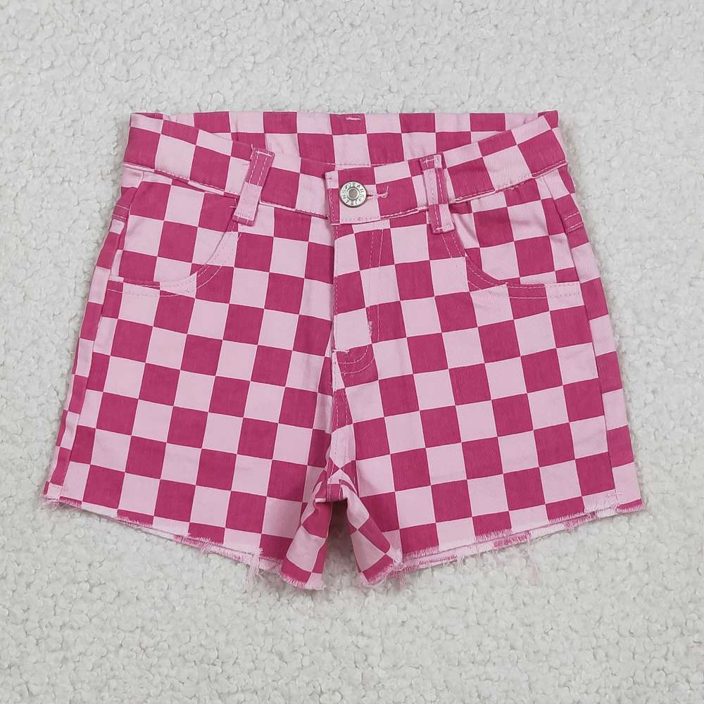 SS0764 Hot pink plaid girl jeans shorts