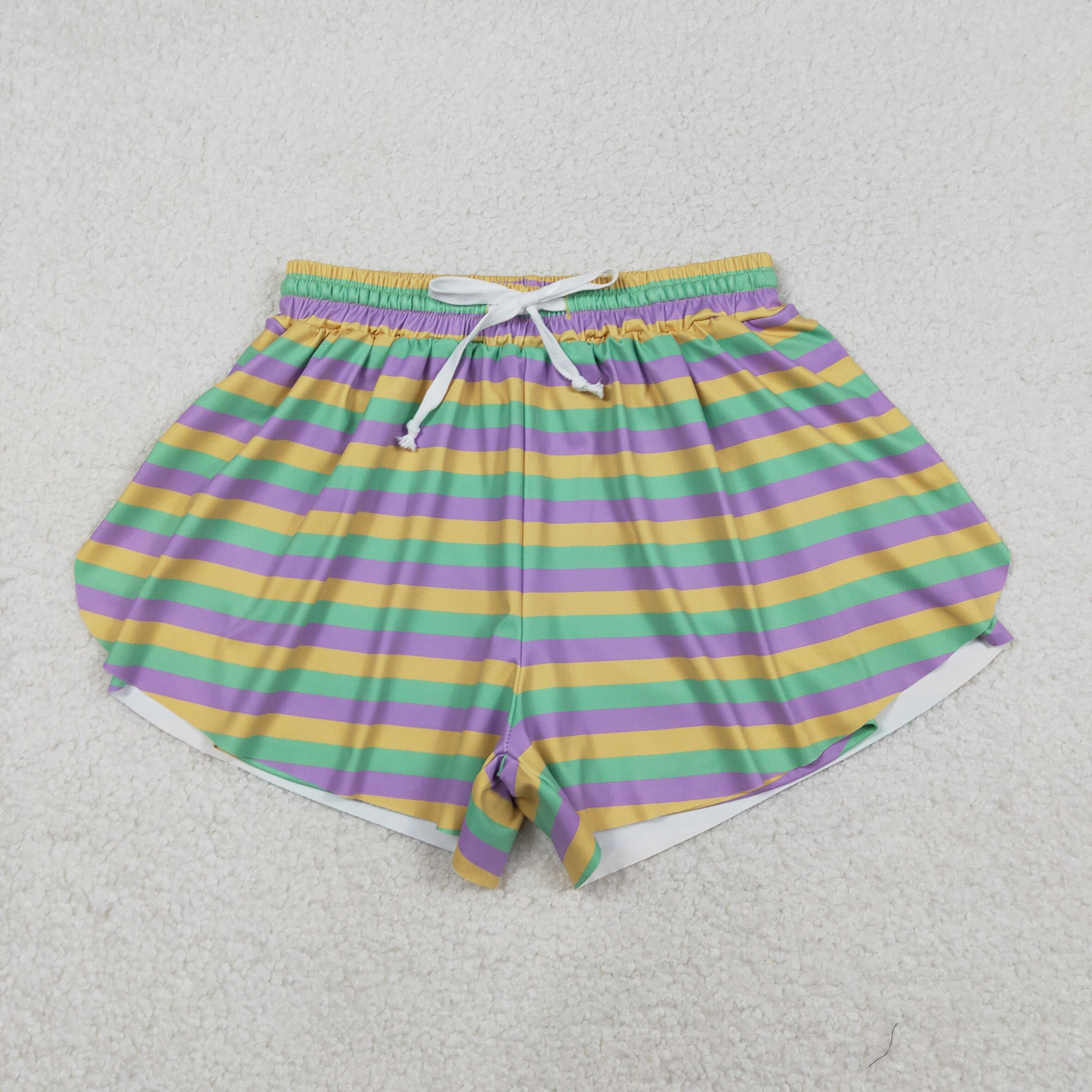 SS0706  Adult Women purple yellow green stripe mardi gras shorts